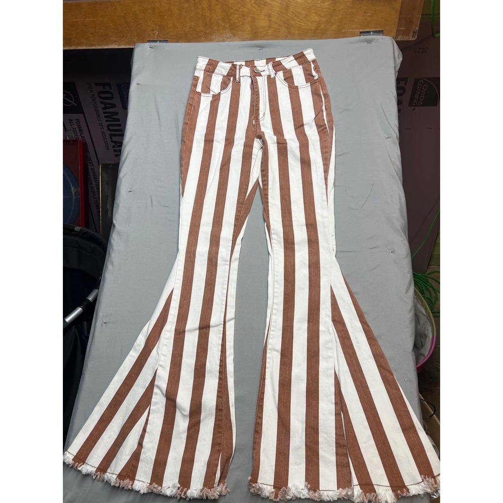 Saints & Hearts Brown White Striped Flare Bell Bottom Jeans Raw Hem Small